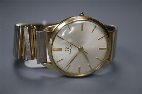 A gentlemans 1950s gold plated Omega manual wind wrist watch, lacking winding crown, movement c.283,